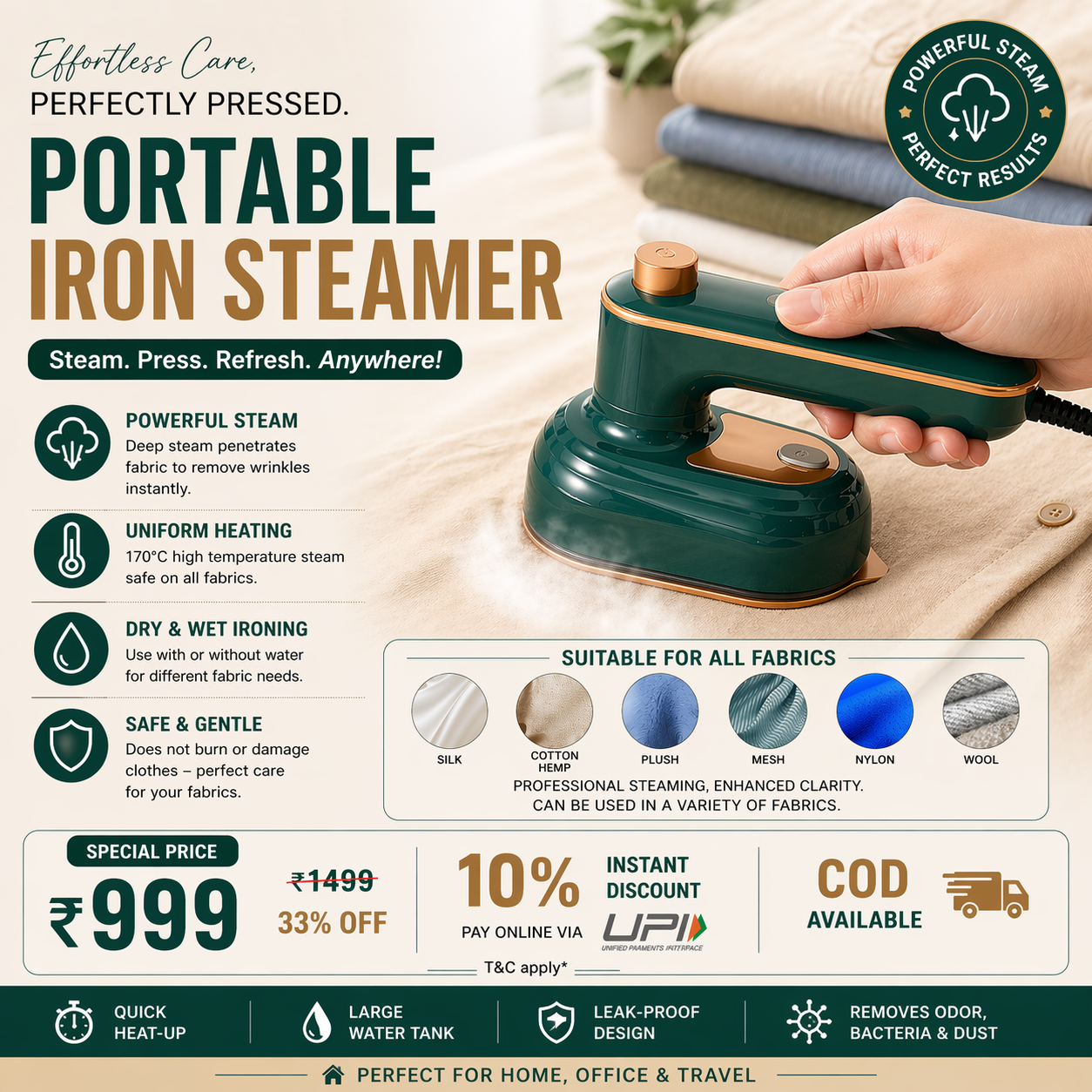 Portable Iron Steamer- 2 in 1 Wet (Steam)/ Dry Ironing For Home & Travelling